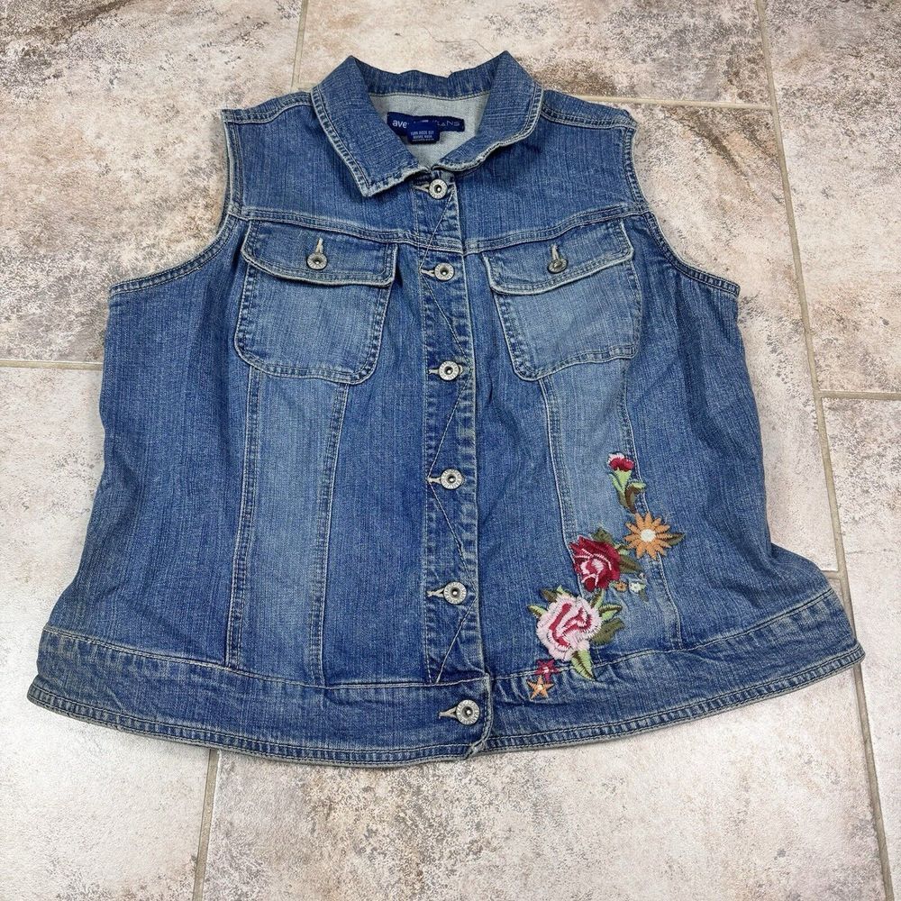 Avenue Jeans Denim Vest Vintage‎ Womens Size 14/16 Blue Floral Embroidery